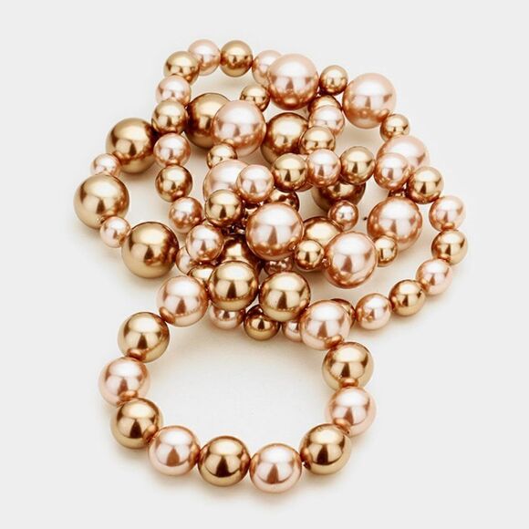 5 Piece Chunky Brown Pearl Stretch Layered Bracelets - Picture 4 of 6